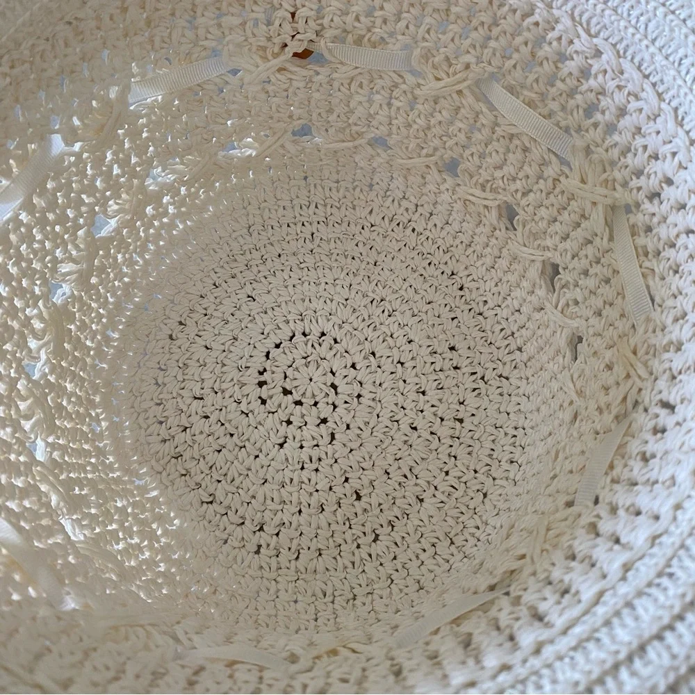 Creamy Winter White Straw Hat Summer Sun Hat Trimmed Ribbon